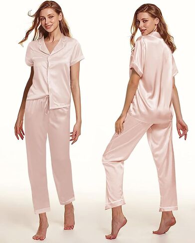 Womens Pajamas Set XS-4XL Silk Satin Pajama Sets Short Pj Sets Button Down Pjs Set Loungewear Sleepwear in Saudi Arabia
