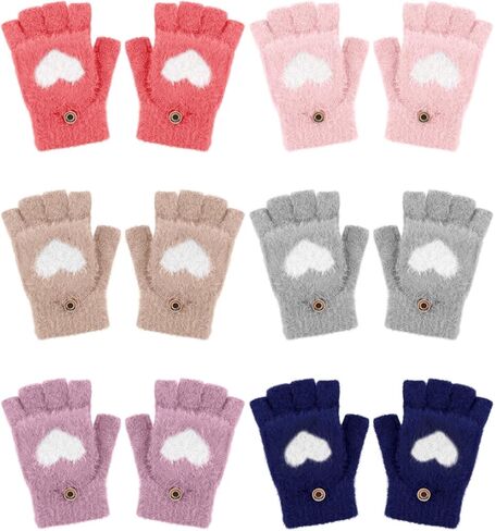 6 Pair Women Fingerless Gloves Convertible Flip Top Gloves Heart Winter Warm Half Finger Mitten for Women Men in Saudi Arabia