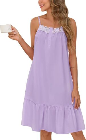 SWOMOG 100% Cotton Nightgowns for Women Lace Sleeveless Sleep Dress Victorian Sleepshirt Button Strap Night Gown in Kuwait