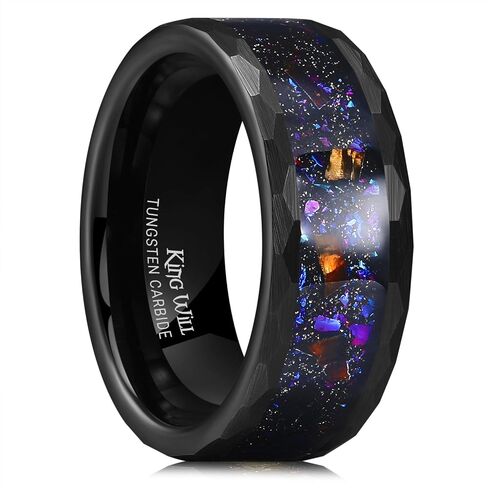 King Will 8mm Mens Silver/Black Tungsten Carbide Ring for Men Nature Koa Wood Inlay/Galaxy Opal Inlay Wedding Bands Hammered Multi-Faceted Wedding Band in Saudi Arabia
