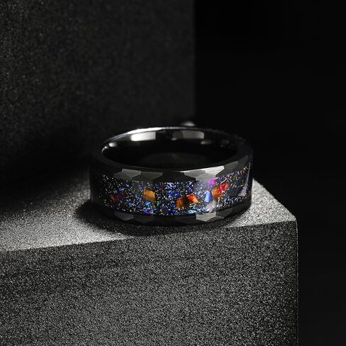 King Will 8mm Mens Silver/Black Tungsten Carbide Ring for Men Nature Koa Wood Inlay/Galaxy Opal Inlay Wedding Bands Hammered Multi-Faceted Wedding Band in Saudi Arabia