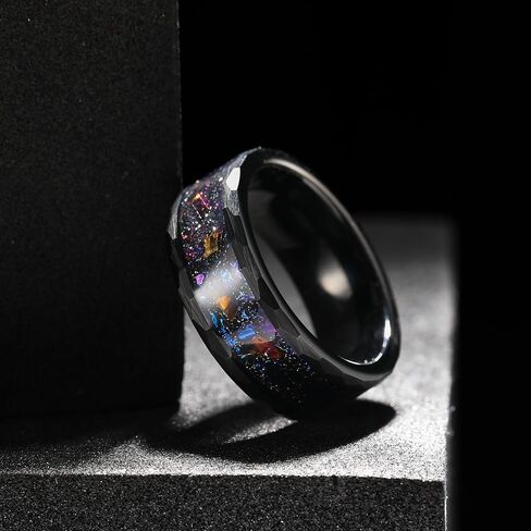 King Will 8mm Mens Silver/Black Tungsten Carbide Ring for Men Nature Koa Wood Inlay/Galaxy Opal Inlay Wedding Bands Hammered Multi-Faceted Wedding Band in Saudi Arabia