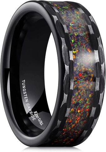 King Will 8mm Mens Silver/Black Tungsten Carbide Ring for Men Nature Koa Wood Inlay/Galaxy Opal Inlay Wedding Bands Hammered Multi-Faceted Wedding Band in Saudi Arabia