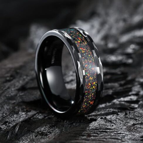 King Will 8mm Mens Silver/Black Tungsten Carbide Ring for Men Nature Koa Wood Inlay/Galaxy Opal Inlay Wedding Bands Hammered Multi-Faceted Wedding Band in Saudi Arabia