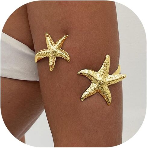 Arm Cuff Layered Bracelet Adjustable Leaf Flower Starfish Upper Arm Cuff Bangle Jewelry Gold Plated Bracelet Ring Set for Women Boho Summer Beach Essentials in Saudi Arabia