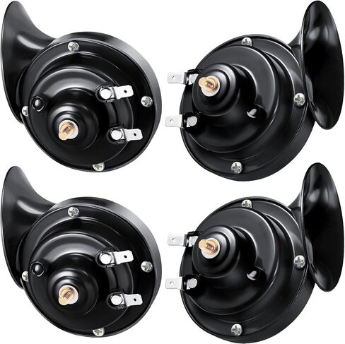4 Pcs 300DB Loud Train Horn for Truck Electric Snail Horns 12V High and Low Horns Waterproof Auto Horn Loud Air Electric Snail Single Horns with Brackets and Screws for Car Motorcycle (Black) in Kuwait
