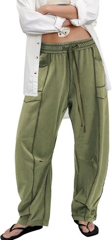 ReachMe Womens Barrel Baggy Sweatpants High Waisted Wide Leg Pants Drawstring Beach Pants Summer Vacation Outfits in Saudi Arabia