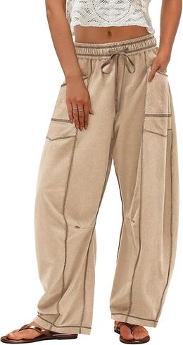 ReachMe Womens Barrel Baggy Sweatpants High Waisted Wide Leg Pants Drawstring Beach Pants Summer Vacation Outfits in Saudi Arabia