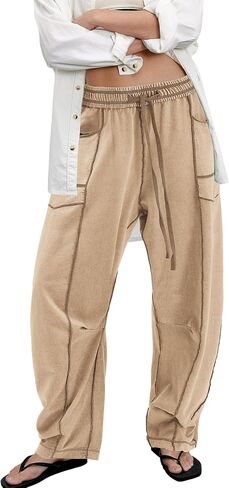 ReachMe Womens Barrel Baggy Sweatpants High Waisted Wide Leg Pants Drawstring Beach Pants Summer Vacation Outfits in Saudi Arabia