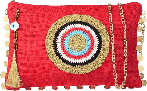 Karens Line Red Evil Eye Eco Friendly Jute Hendheld Clutch Purse Zipper Crystal Decor in Kuwait