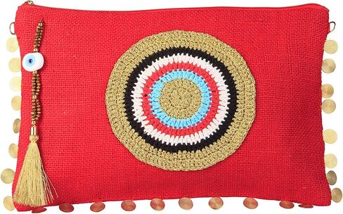 Karens Line Red Evil Eye Eco Friendly Jute Hendheld Clutch Purse Zipper Crystal Decor in Kuwait