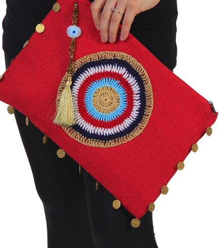 Karens Line Red Evil Eye Eco Friendly Jute Hendheld Clutch Purse Zipper Crystal Decor in Kuwait
