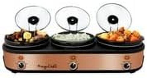 طباخ بطيء Megachef Triple سعة 2.5 لتر وخادم بوفيه باللون النحاسي المصقول والأسود مع 3 أواني طهي سيراميك ومساند غطاء قابلة للإزالة in Kuwait