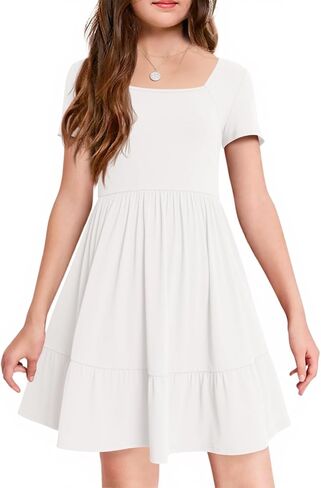 Haloumoning Girls Dresses Kids Summer Short Sleeve Square Neck Dress with Side Pockets 5-14 Years in Saudi Arabia