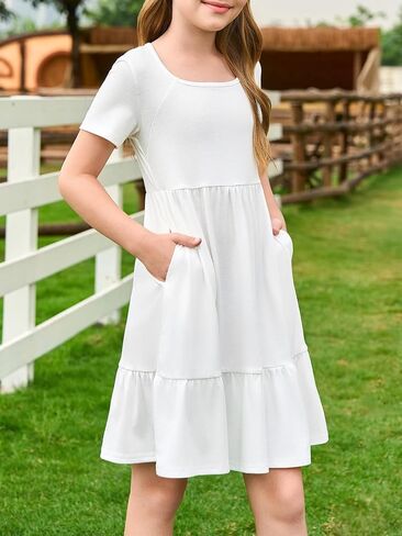 Haloumoning Girls Dresses Kids Summer Short Sleeve Square Neck Dress with Side Pockets 5-14 Years in Saudi Arabia