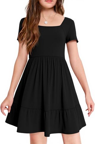 Haloumoning Girls Dresses Kids Summer Short Sleeve Square Neck Dress with Side Pockets 5-14 Years in Saudi Arabia