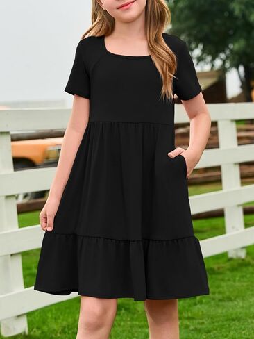 Haloumoning Girls Dresses Kids Summer Short Sleeve Square Neck Dress with Side Pockets 5-14 Years in Saudi Arabia