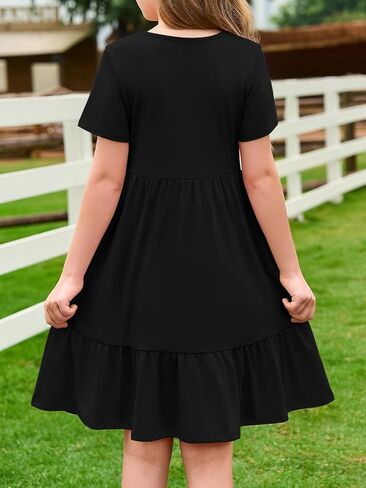 Haloumoning Girls Dresses Kids Summer Short Sleeve Square Neck Dress with Side Pockets 5-14 Years in Saudi Arabia