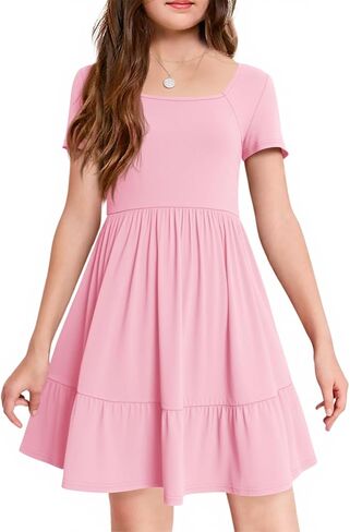 Haloumoning Girls Dresses Kids Summer Short Sleeve Square Neck Dress with Side Pockets 5-14 Years in Saudi Arabia