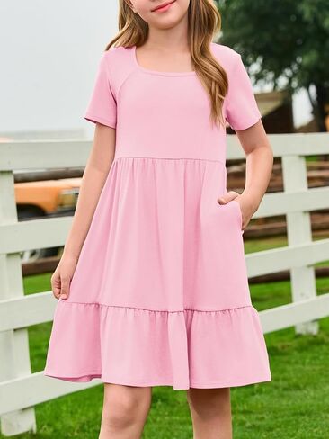 Haloumoning Girls Dresses Kids Summer Short Sleeve Square Neck Dress with Side Pockets 5-14 Years in Saudi Arabia