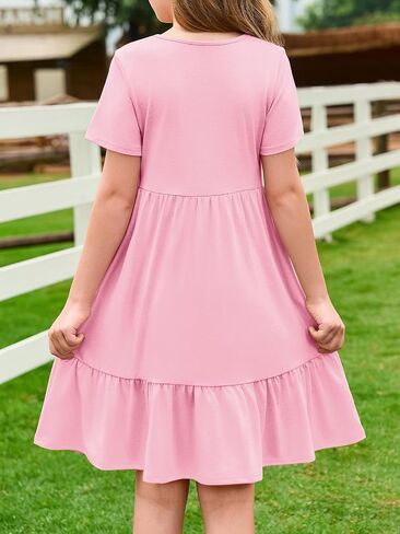 Haloumoning Girls Dresses Kids Summer Short Sleeve Square Neck Dress with Side Pockets 5-14 Years in Saudi Arabia