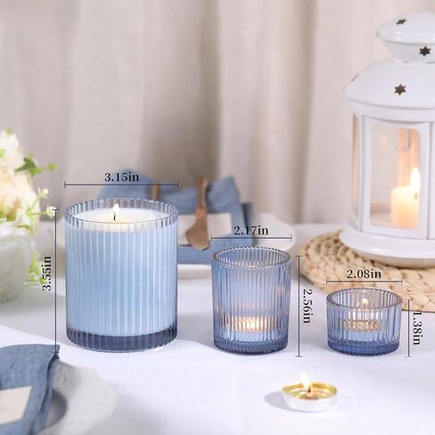 9Pcs Assorted Blue Votive Candle Holders Ribbed Tea Light Candle Holder Glass Blue Candle Holders for Bridal Shower, Wedding Table Centerpiece, Party Home Decoration in Kuwait