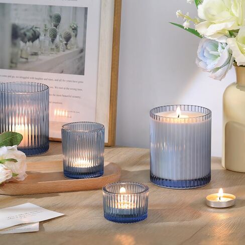 9Pcs Assorted Blue Votive Candle Holders Ribbed Tea Light Candle Holder Glass Blue Candle Holders for Bridal Shower, Wedding Table Centerpiece, Party Home Decoration in Kuwait