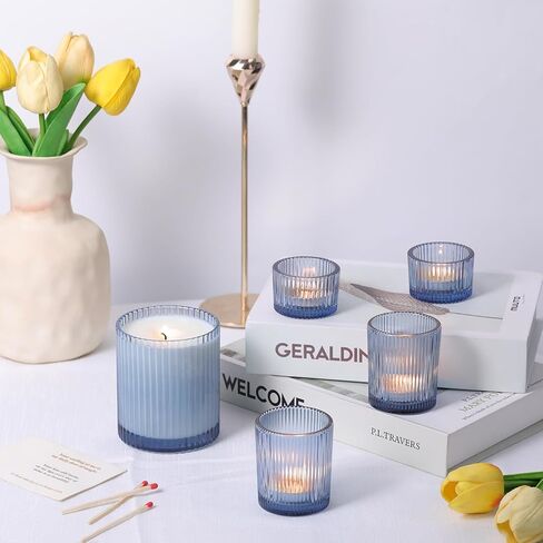 9Pcs Assorted Blue Votive Candle Holders Ribbed Tea Light Candle Holder Glass Blue Candle Holders for Bridal Shower, Wedding Table Centerpiece, Party Home Decoration in Kuwait