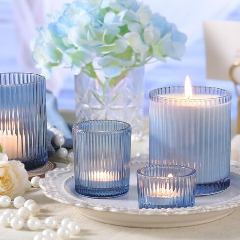 9Pcs Assorted Blue Votive Candle Holders Ribbed Tea Light Candle Holder Glass Blue Candle Holders for Bridal Shower, Wedding Table Centerpiece, Party Home Decoration in Kuwait