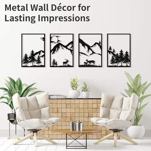 LONGKING 4 Pack Metal Wall Art, Mountain Iron Wall Sculpture, Art Wall Décor for Office, Dining Room, Living Room, Bedroom (Black, 17 x 12 in) in Kuwait