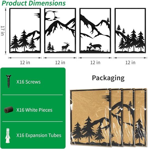 LONGKING 4 Pack Metal Wall Art, Mountain Iron Wall Sculpture, Art Wall Décor for Office, Dining Room, Living Room, Bedroom (Black, 17 x 12 in) in Kuwait