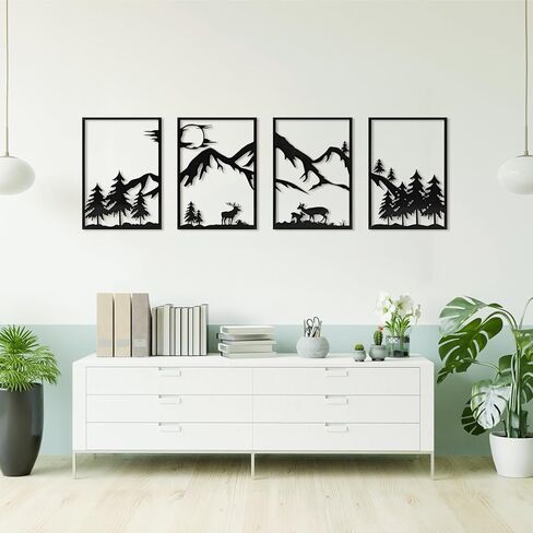 LONGKING 4 Pack Metal Wall Art, Mountain Iron Wall Sculpture, Art Wall Décor for Office, Dining Room, Living Room, Bedroom (Black, 17 x 12 in) in Kuwait