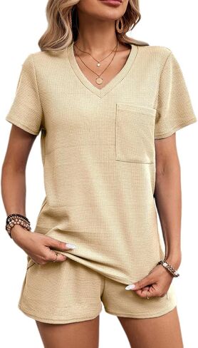 BARASA Womens Sets Waffle Knit 2 Piece Short Lounge Set Cute Short Sleeve Top Shorts Outfits Set With Pockets D692 in Saudi Arabia