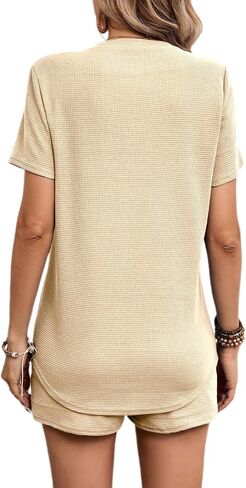 BARASA Womens Sets Waffle Knit 2 Piece Short Lounge Set Cute Short Sleeve Top Shorts Outfits Set With Pockets D692 in Saudi Arabia
