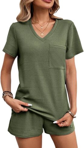 BARASA Womens Sets Waffle Knit 2 Piece Short Lounge Set Cute Short Sleeve Top Shorts Outfits Set With Pockets D692 in Saudi Arabia