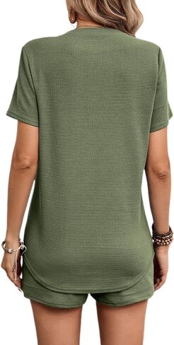 BARASA Womens Sets Waffle Knit 2 Piece Short Lounge Set Cute Short Sleeve Top Shorts Outfits Set With Pockets D692 in Saudi Arabia