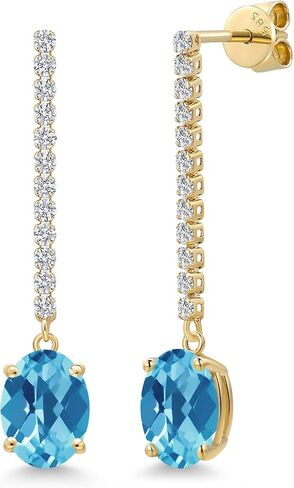 Gem Stone King 14K Yellow Gold Gemstone Birthstone and White Lab Grown Diamond Long Liner Dangle Earrings for Women | Oval Cut 9X7MM | Round 1.5MM | Yellow Gold Chain Drop Earrings in Kuwait