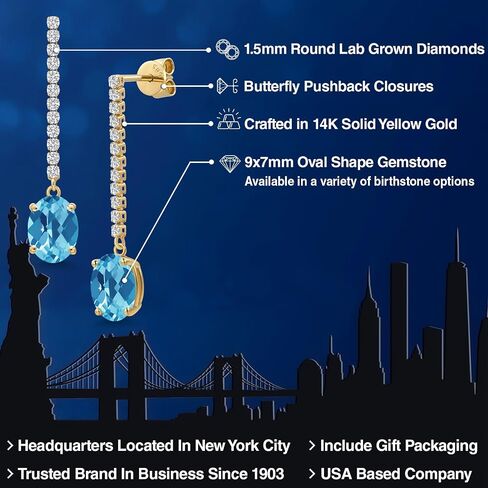 Gem Stone King 14K Yellow Gold Gemstone Birthstone and White Lab Grown Diamond Long Liner Dangle Earrings for Women | Oval Cut 9X7MM | Round 1.5MM | Yellow Gold Chain Drop Earrings in Kuwait