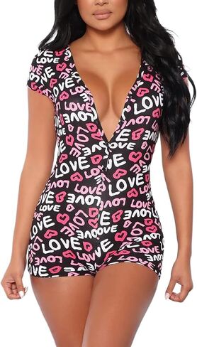 Women One Piece Bodycon Romper Pajamas Button V-neck Short Sleeve Bodysuit Jumpsuit Shorts Pjs Playsuit in Kuwait