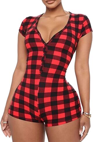 Women One Piece Bodycon Romper Pajamas Button V-neck Short Sleeve Bodysuit Jumpsuit Shorts Pjs Playsuit in Kuwait
