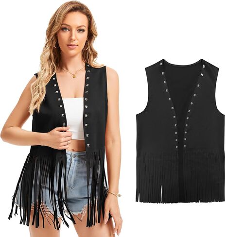 Women's Fringe Vest 60s 70s Hippie Vest Sleeveless Cowgirl Western Faux Suede rivet tassel denim jacket, Halloween in Saudi Arabia