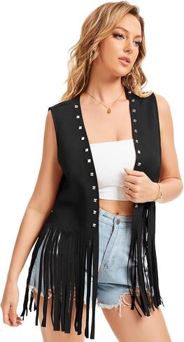 Women's Fringe Vest 60s 70s Hippie Vest Sleeveless Cowgirl Western Faux Suede rivet tassel denim jacket, Halloween in Saudi Arabia