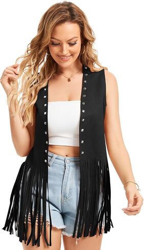 Women's Fringe Vest 60s 70s Hippie Vest Sleeveless Cowgirl Western Faux Suede rivet tassel denim jacket, Halloween in Saudi Arabia