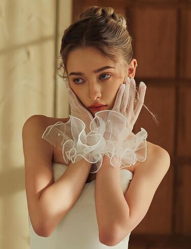 QRBTSCL Women's Short Mesh Gloves Ruffled Tulle Tea Party Gloves for Formal Costume Evening Wedding Party in Kuwait