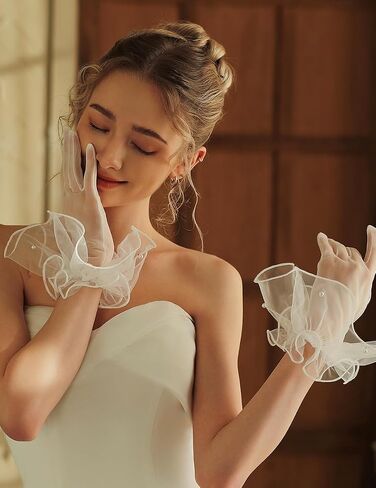 QRBTSCL Women's Short Mesh Gloves Ruffled Tulle Tea Party Gloves for Formal Costume Evening Wedding Party in Kuwait