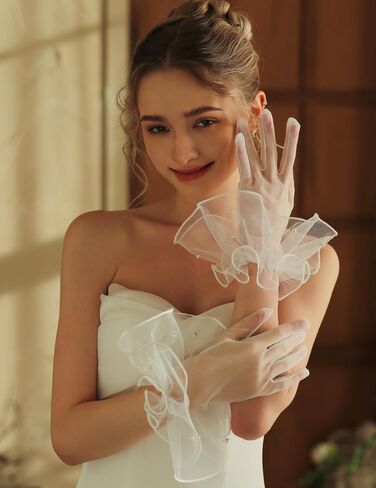 QRBTSCL Women's Short Mesh Gloves Ruffled Tulle Tea Party Gloves for Formal Costume Evening Wedding Party in Kuwait