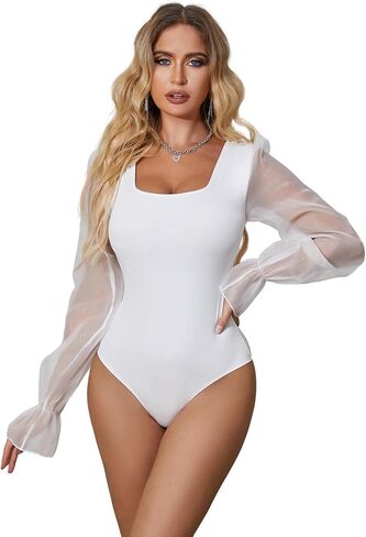 ohyeahlady Women's Square Neck Bodysuit Going Out Tops Mesh Ruched Body Suits Long Sleeve Party Top S-2XL in Saudi Arabia