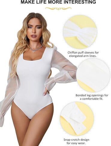 ohyeahlady Women's Square Neck Bodysuit Going Out Tops Mesh Ruched Body Suits Long Sleeve Party Top S-2XL in Saudi Arabia