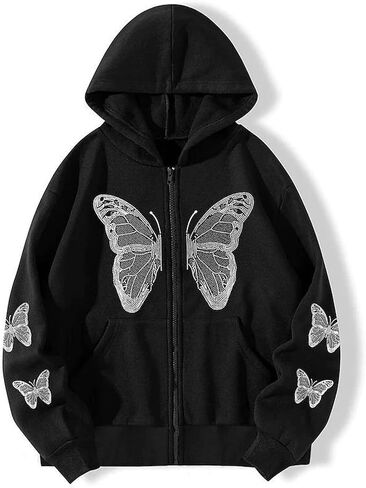 Harajuku Women's Zipper Connecting Gothic Butterfly Printing Hatshirt Y2K zipper retro -graphic hoodie in Kuwait
