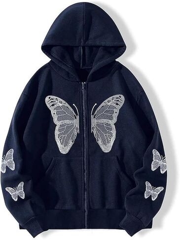 Harajuku Women's Zipper Connecting Gothic Butterfly Printing Hatshirt Y2K zipper retro -graphic hoodie in Kuwait
